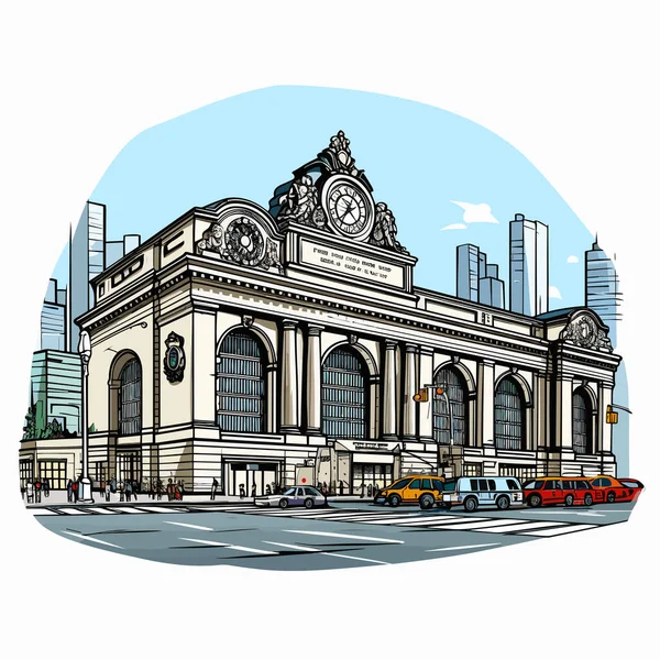 Χειροποίητη Κωμική Απεικόνιση Του Grand Central Terminal Μέγας Κεντρικός Σταθμός — Διανυσματικό Αρχείο