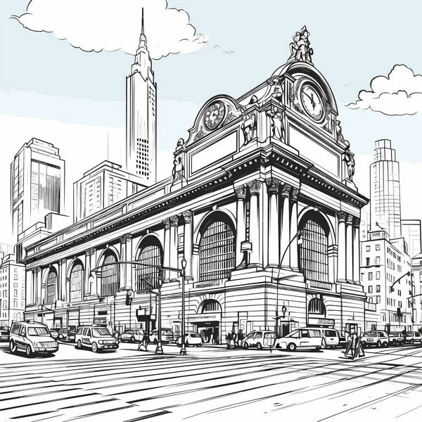 Χειροποίητη Κωμική Απεικόνιση Του Grand Central Terminal Μέγας Κεντρικός Σταθμός — Διανυσματικό Αρχείο