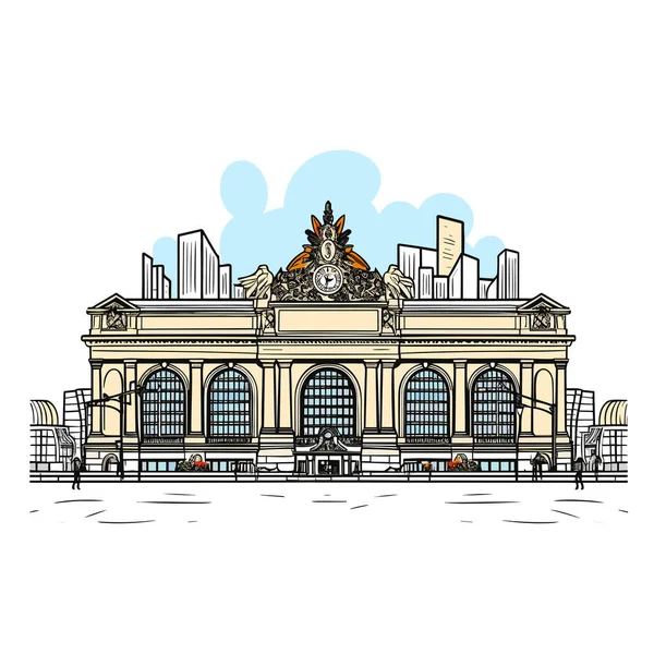 中央车站手绘漫画 大中央总站矢量涂鸦风格卡通画 — 图库矢量图片