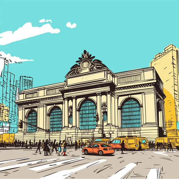 Handgezeichnete Comic Illustration Des Grand Central Terminal Grand Central Terminal — Stockvektor