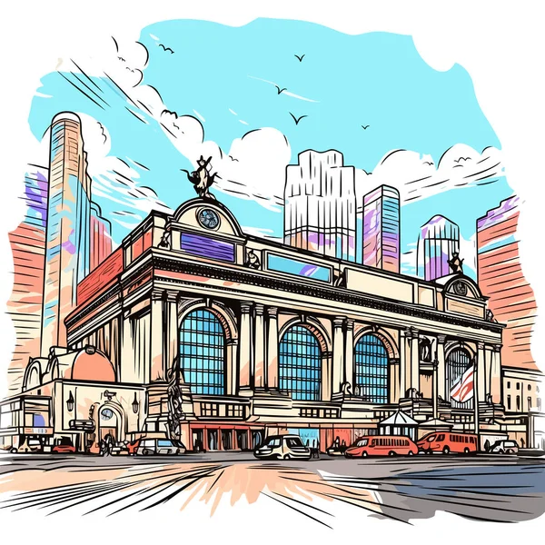Grand Central Terminal Met Hand Getekend Stripverhaal Grote Centrale Terminal — Stockvector