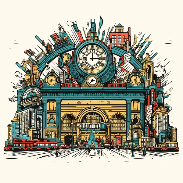 Grand Central Terminal Ilustración Cómica Dibujada Mano Terminal Grand Central — Vector de stock