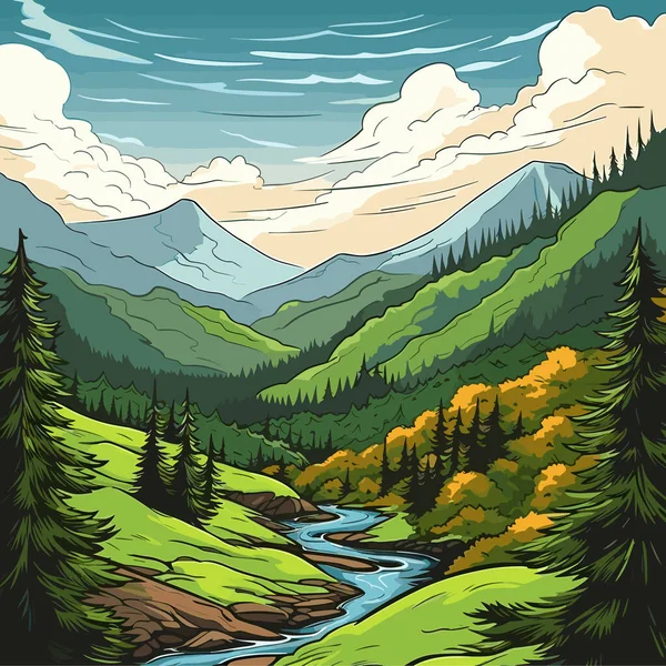 Great Smoky Mountains Ilustración Cómica Dibujada Mano Grandes Montañas Humeantes — Archivo Imágenes Vectoriales