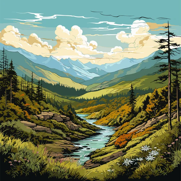 Grote Smoky Mountains Met Hand Getekend Stripverhaal Grote Smoky Mountains — Stockvector