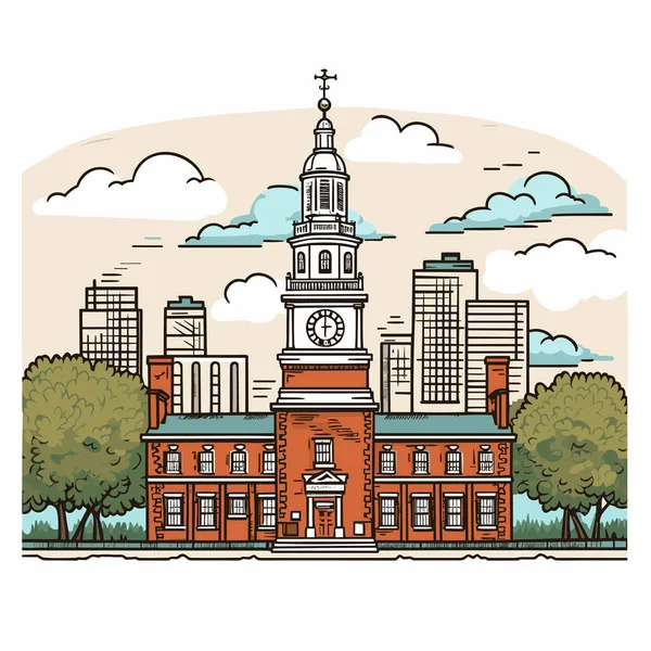 Independence Hall Met Hand Getekend Stripverhaal Onafhankelijkheidszaal Vector Doodle Stijl — Stockvector