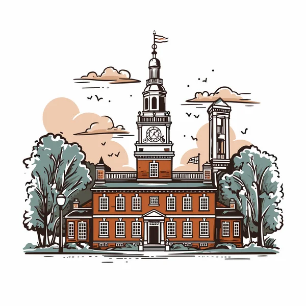 Illustration Dessinée Main Par Independence Hall Salle Indépendance Illustration Vectorielle — Image vectorielle
