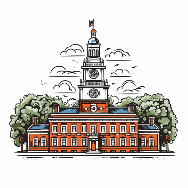 Independence Hall Ilustração Cômica Desenhada Mão Sala Independência Vector Doodle —  Vetores de Stock