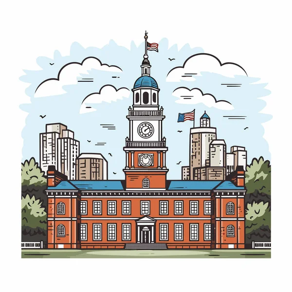 Handgezeichnete Comic Illustration Der Independence Hall Unabhängigkeitshalle Zeichentrickfilm Vector Doodle — Stockvektor