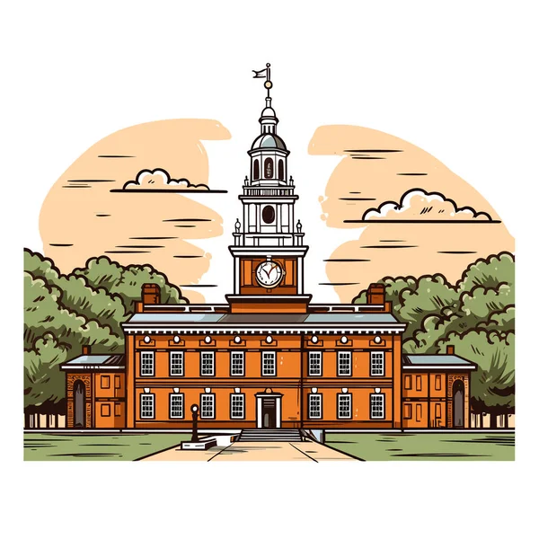 Independence Hall Ilustração Cômica Desenhada Mão Sala Independência Vector Doodle — Vetor de Stock