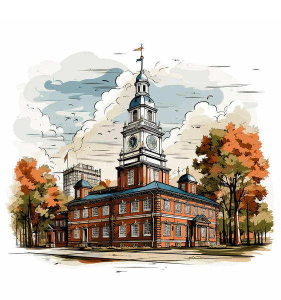 Independence Hall Illustrazione Fumetti Disegnata Mano Sala Dell Indipendenza Illustrazione — Vettoriale Stock