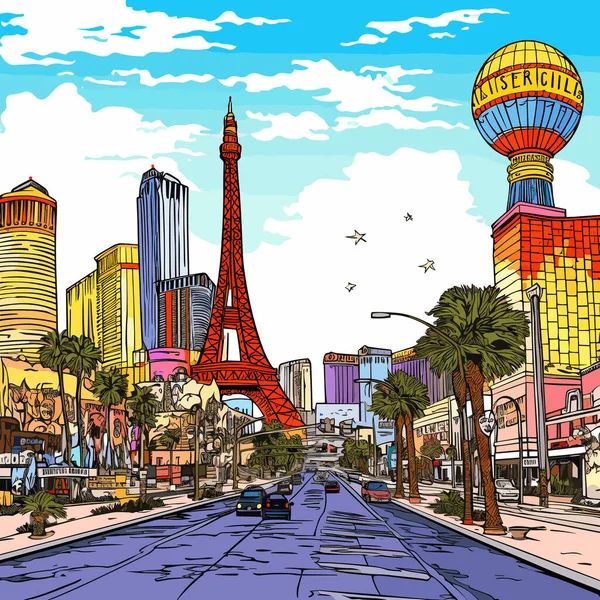 Ilustracja Komiksu Las Vegas Las Vegas Wektor Doodle Styl Kreskówki — Wektor stockowy