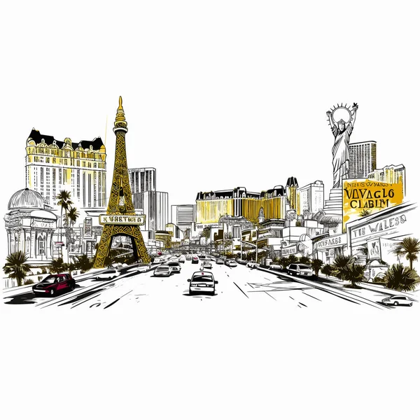 Las Vegas Hand Drawn Comic Illustration Las Vegas Vector Doodle — Stock Vector