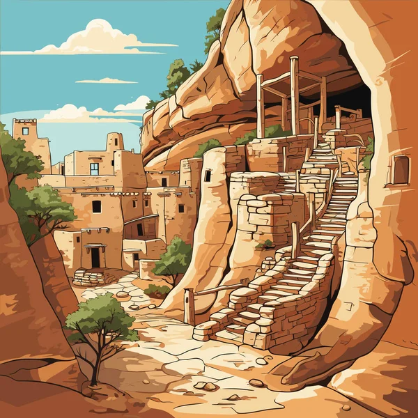 Mesa Verde手绘漫画插图 Mesa佛得角 矢量涂鸦风格卡通画 — 图库矢量图片