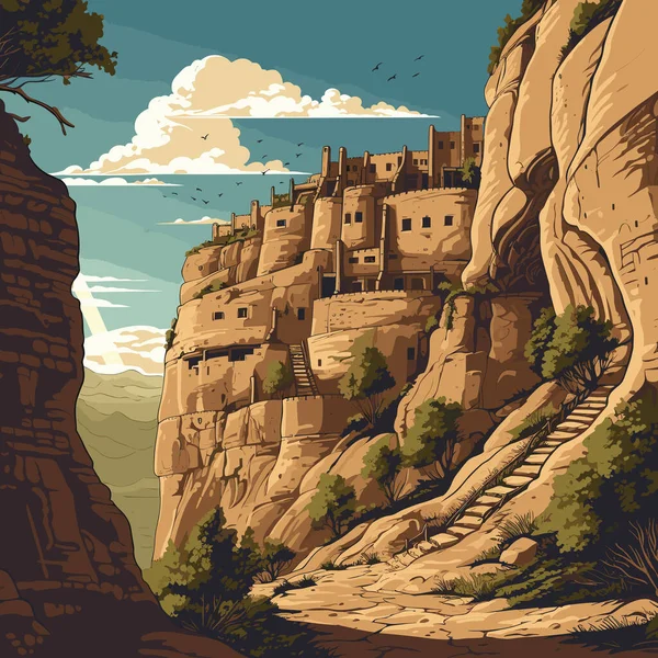 Иллюстрация Комиксам Mesa Verde Меса Верде Векторная Иллюстрация Стиле Каракулей — стоковый вектор