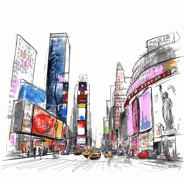Times Square Hand Drawn Comic Illustration Times Square Vector Doodle — Stock Vector