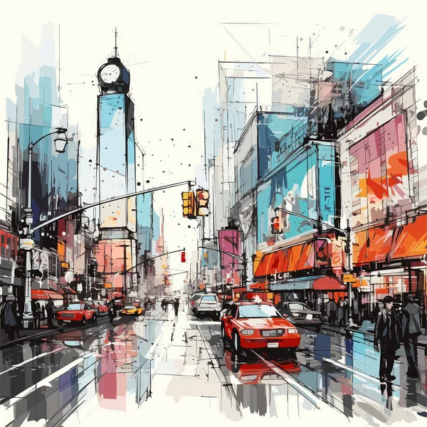 Rysowany Ręcznie Komiks Times Square Plac Czasu Wektor Doodle Styl — Wektor stockowy