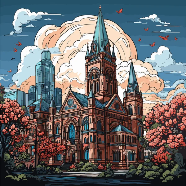 Trinity Church Στη Βοστώνη Ζωγραφισμένα Στο Χέρι Κωμική Απεικόνιση Εκκλησία — Διανυσματικό Αρχείο
