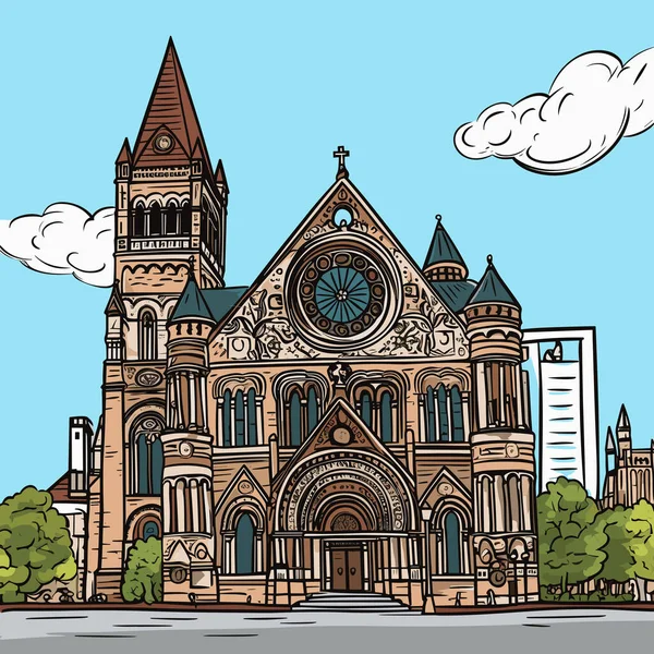 波士顿的崔妮蒂教堂手绘漫画 波士顿的三一教堂矢量涂鸦风格卡通画 — 图库矢量图片