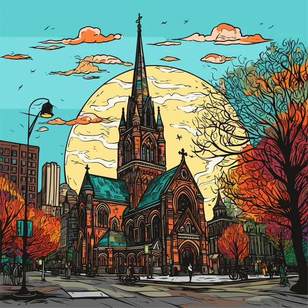 ボストンのトリニティ教会の手描きの漫画イラスト ボストンのトリニティ教会 ベクトル落書きスタイルの漫画イラスト — ストックベクタ