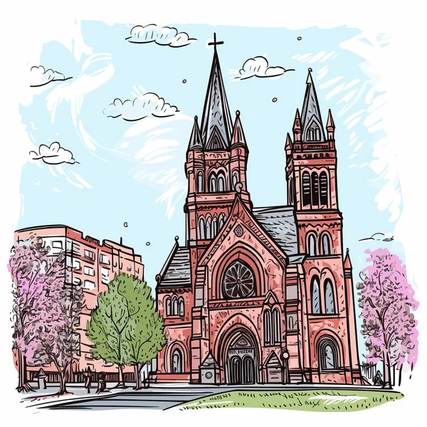 Trinity Church Boston Met Hand Getekend Stripverhaal Drie Eenheid Kerk — Stockvector