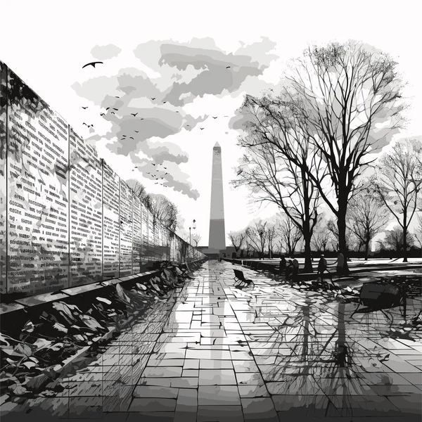 越战老兵纪念碑手绘漫画 华盛顿的越战老兵纪念碑矢量涂鸦风格卡通画 — 图库矢量图片