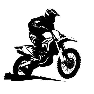 Motokros motorcu silueti. Beyaz arkaplanda Enduro motorcu siyah simgesi