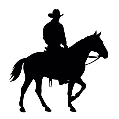 At siluetinde bir kovboy. Beyaz arkaplanda siyah at resmi olan kovboy.
