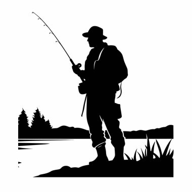 Balıkçı silueti. Beyaz arkaplanda balıkçı simgesi