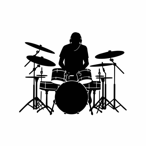Силуэт барабанщика. Черная иконка барабанщика на белом фоне