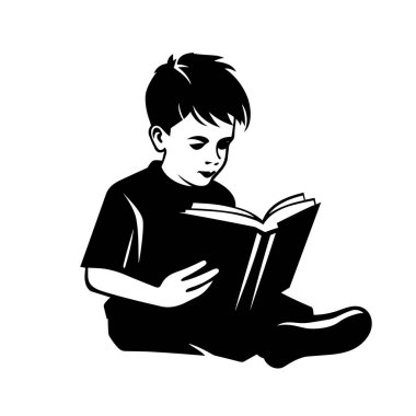 Okuyan çocuk silueti. Çocuk beyaz arkaplanda siyah bir simge okuyor