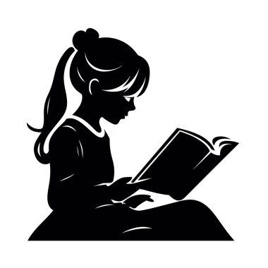 Okumacı kız silueti. Beyaz arkaplanda siyah bir kitap simgesi okuyan kız