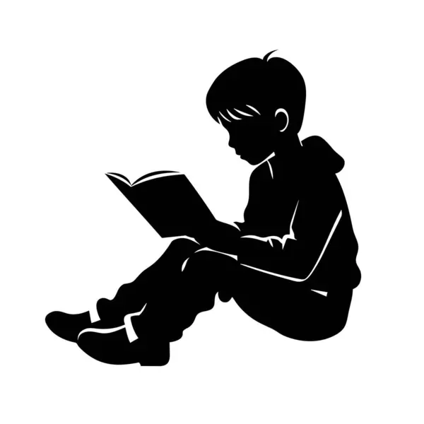 看男孩的侧写男孩阅读一本关于白色背景的黑色图标书 免版税图库矢量图片