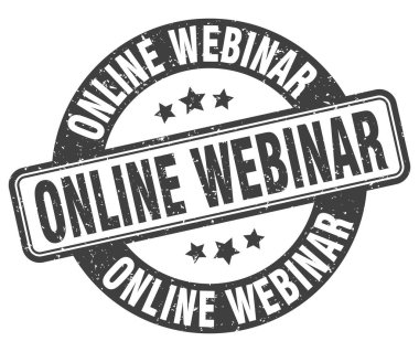 Çevrimiçi giysi damgası. Online webinar işareti. yuvarlak grunge etiketi