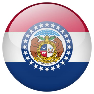 Missouri bayrak düğmesi. Beyaz arkaplanda izole edilmiş Missouri daire düğmesi