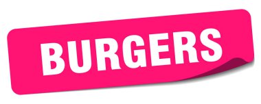 Hamburger etiketi. Hamburgerlerin dikdörtgen etiketi beyaz arkaplanda izole edildi