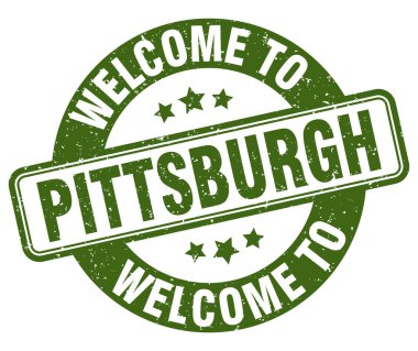 Pittsburgh puluna hoş geldiniz. Beyaz arkaplanda Pittsburgh yuvarlak işareti izole