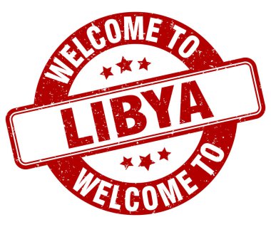 Libya damgasına hoş geldiniz. Libya yuvarlak işareti beyaz arkaplanda izole edildi