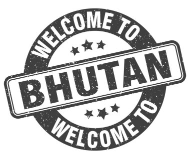 Butan puluna hoş geldiniz. Bhutan yuvarlak işareti beyaz arkaplanda izole edildi
