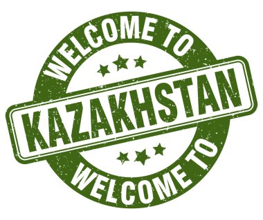 Kazakistan puluna hoş geldiniz. Kazakistan yuvarlak işareti beyaz arkaplanda izole edildi
