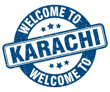 Karachi puluna hoş geldiniz. Beyaz arkaplanda Karachi yuvarlak işareti