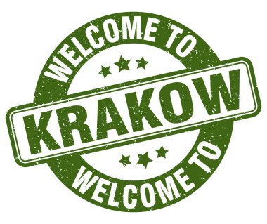 Krakow puluna hoş geldiniz. Krakow yuvarlak işareti beyaz arkaplanda izole edildi