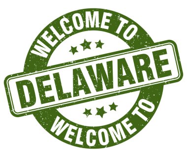 Delaware puluna hoş geldiniz. Beyaz arkaplanda Delaware yuvarlak işareti izole