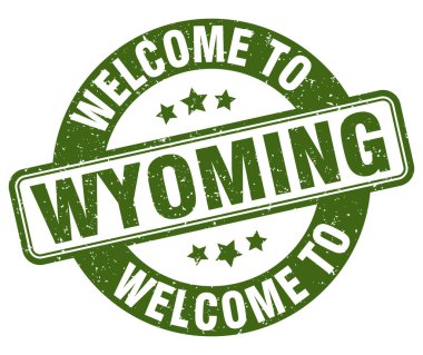 Wyoming puluna hoş geldiniz. Beyaz arkaplanda izole edilmiş Wyoming yuvarlak işareti