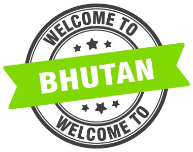 Butan puluna hoş geldiniz. Bhutan yuvarlak işareti beyaz arkaplanda izole edildi