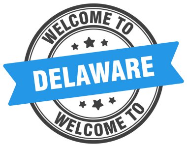 Delaware puluna hoş geldiniz. Beyaz arkaplanda Delaware yuvarlak işareti izole