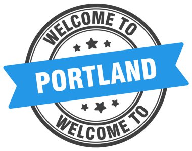 Portland puluna hoş geldiniz. Portland yuvarlak işareti beyaz arkaplanda izole