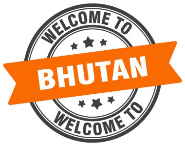 Butan puluna hoş geldiniz. Bhutan yuvarlak işareti beyaz arkaplanda izole edildi