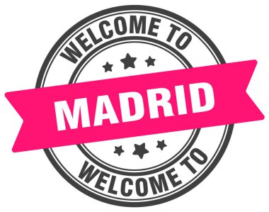 Madrid puluna hoş geldiniz. Madrid yuvarlak işareti beyaz arkaplanda izole