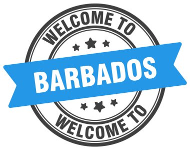 Barbados puluna hoş geldiniz. Beyaz arkaplanda izole edilmiş Barbados yuvarlak işareti