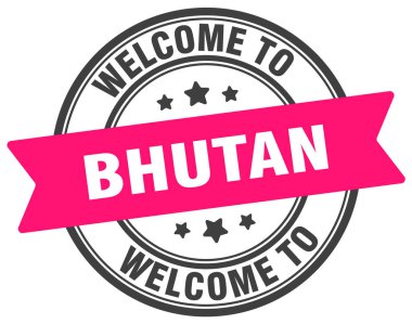Butan puluna hoş geldiniz. Bhutan yuvarlak işareti beyaz arkaplanda izole edildi